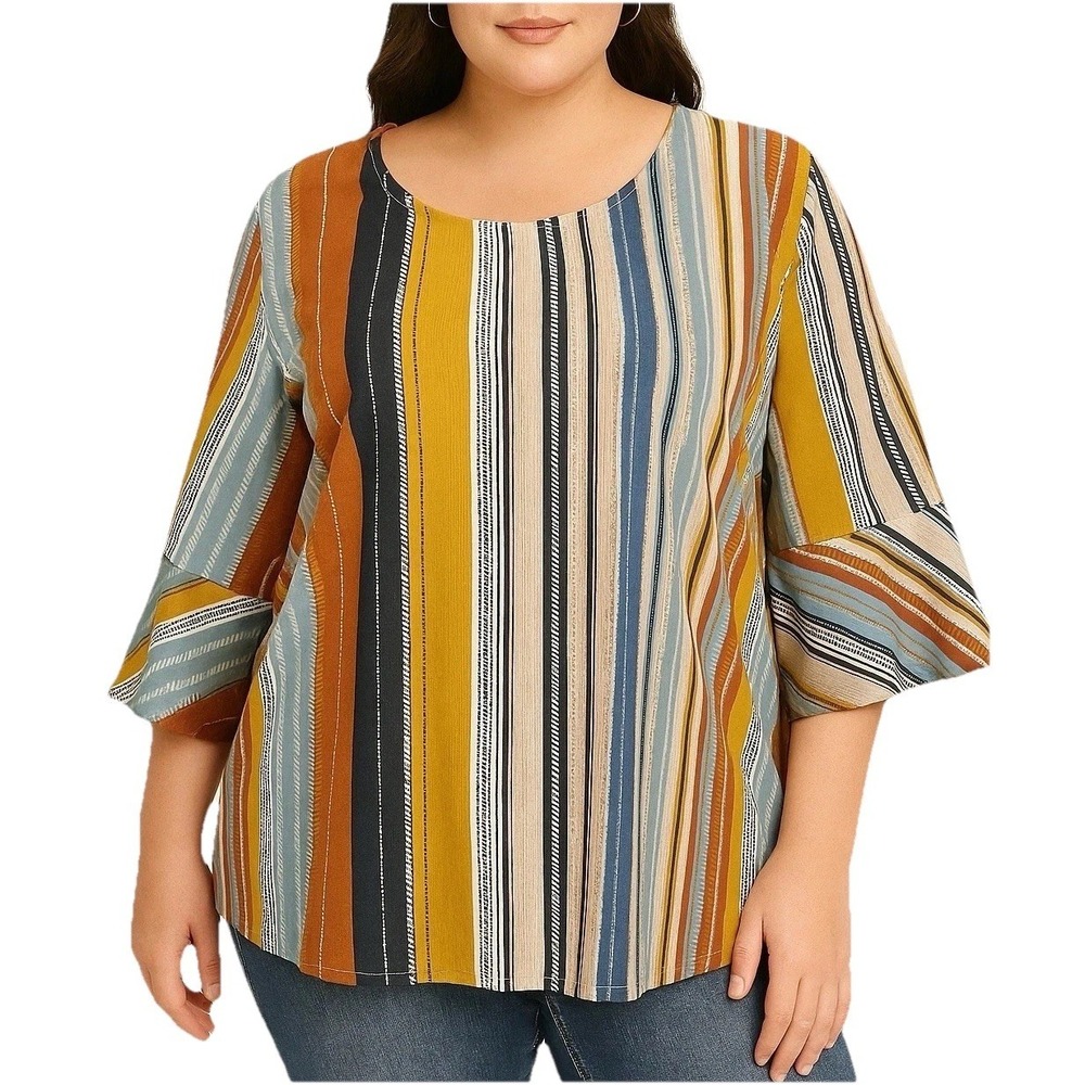 Ellen Weaver Plus Size 2X Boho Striped Blouse Multicolor Tunic Top Casual Chic